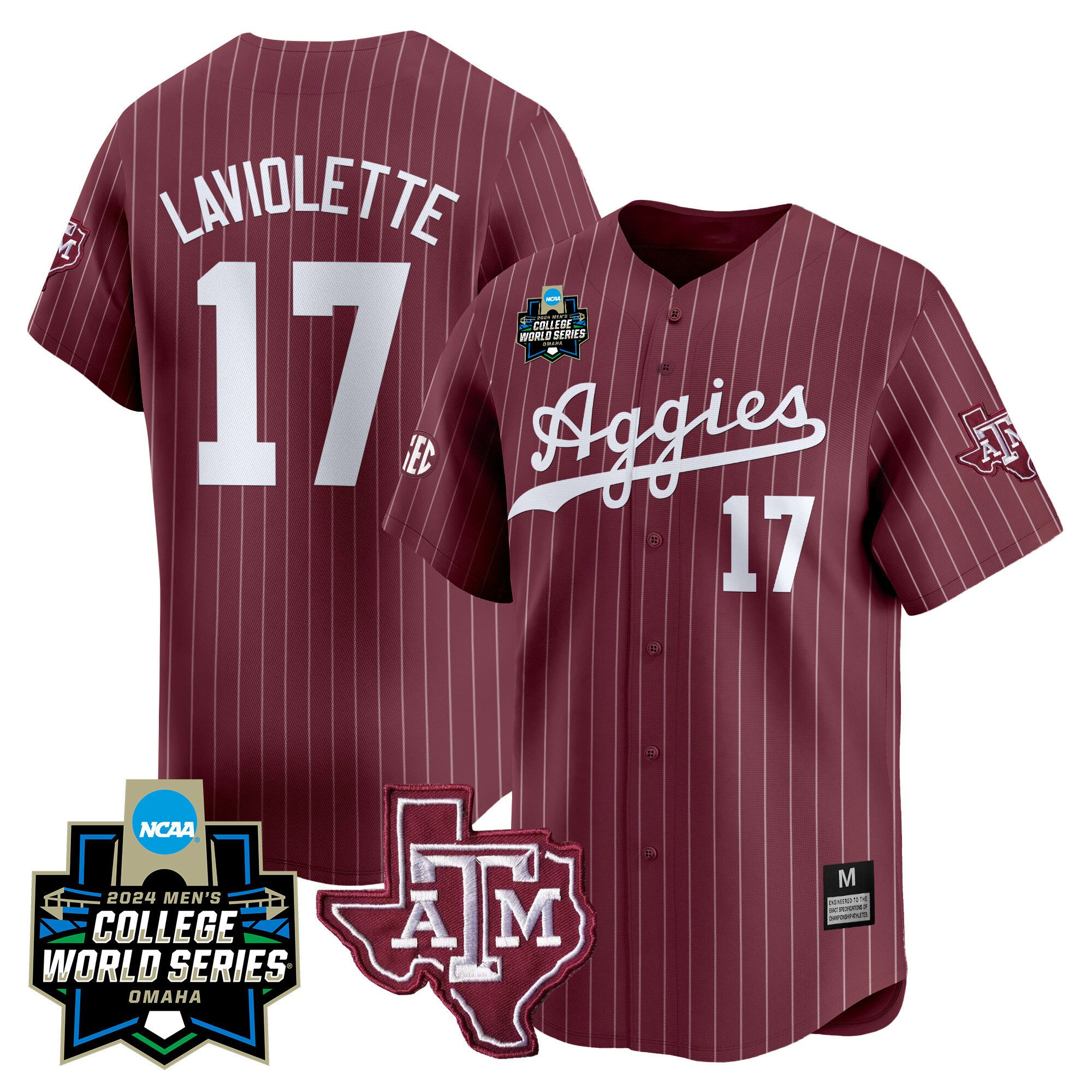 Men Texas A&M Aggies #17 Laviolette Red Stripe 2024 College World Series Vapor Premier Limited NCAA Jersey
